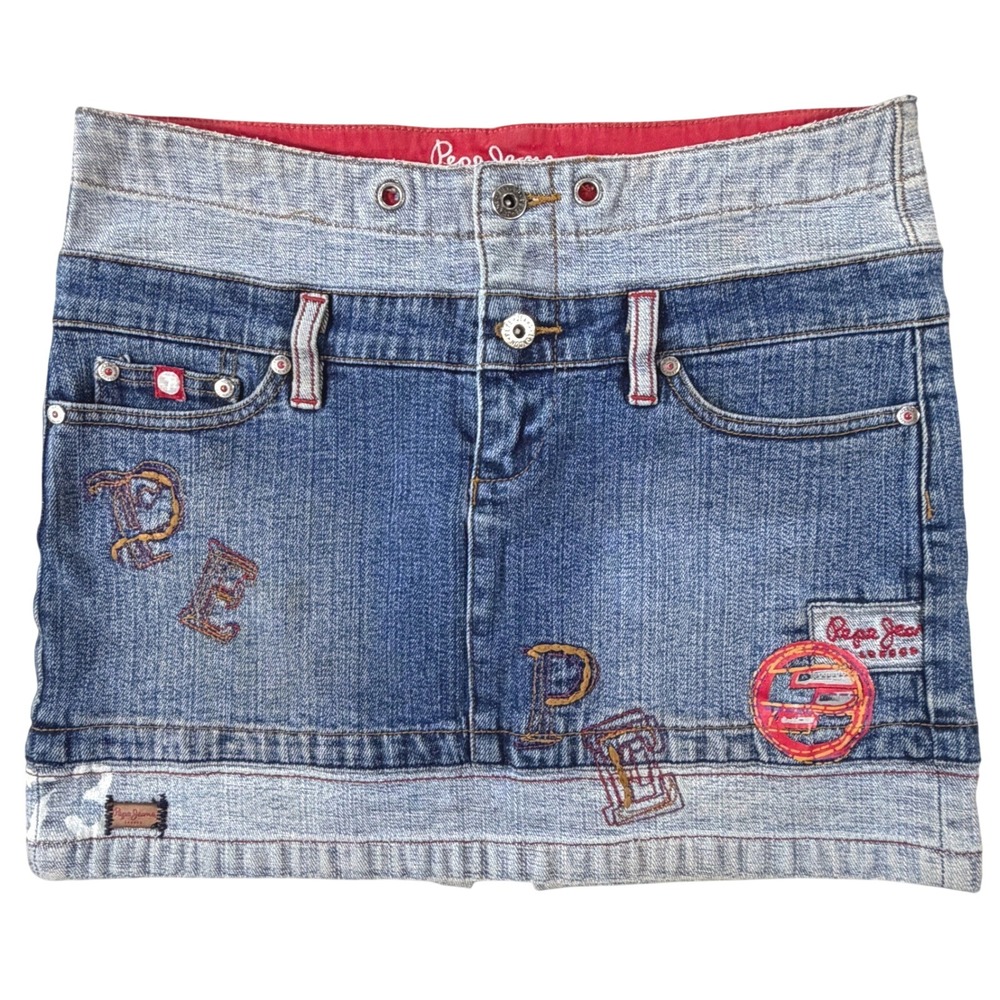Y2K Pepe Jeans Skirt Mini RARE VTG Women Blue Denim Embroidered Patchwork